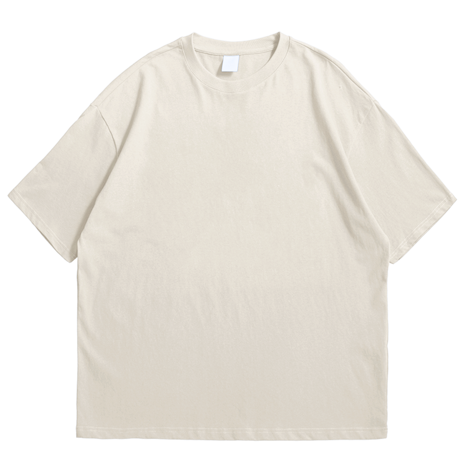 A plain short-sleeve crewneck t-shirt in a light cream or off-white color, laid flat against a solid white background.