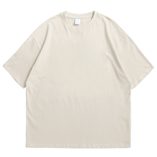 A plain short-sleeve crewneck t-shirt in a light cream or off-white color, laid flat against a solid white background.