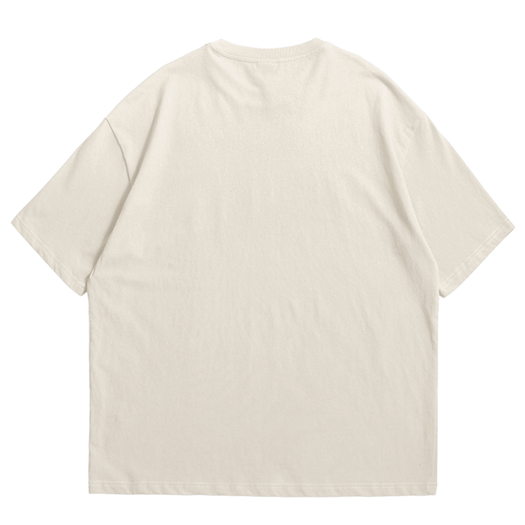 An off-white short-sleeve crewneck t-shirt shown from the back, laid flat against a solid white background.