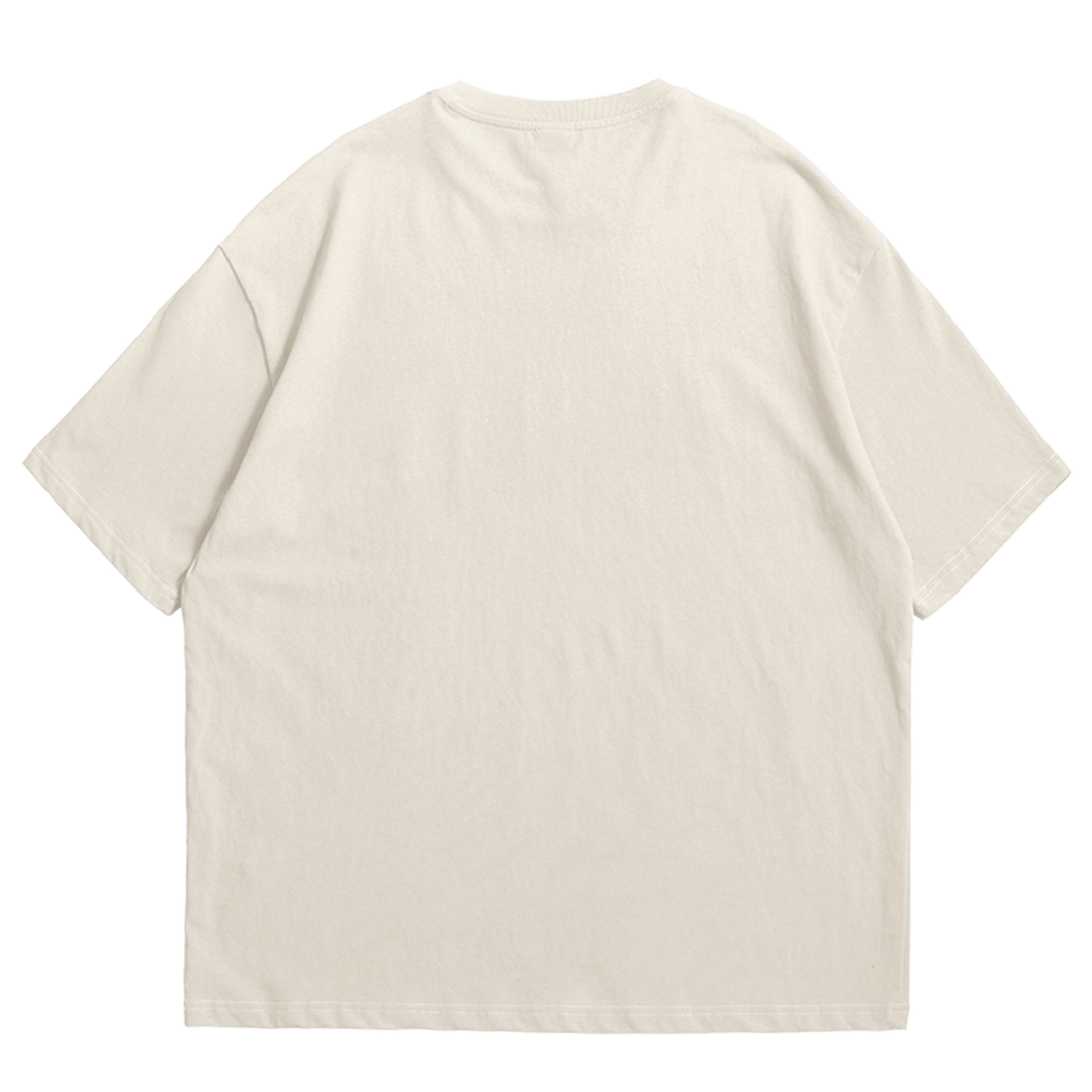 An off-white short-sleeve crewneck t-shirt shown from the back, laid flat against a solid white background.